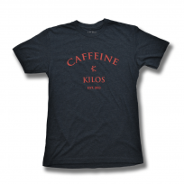 CAFFEINE & KILOS blue with red script logo
